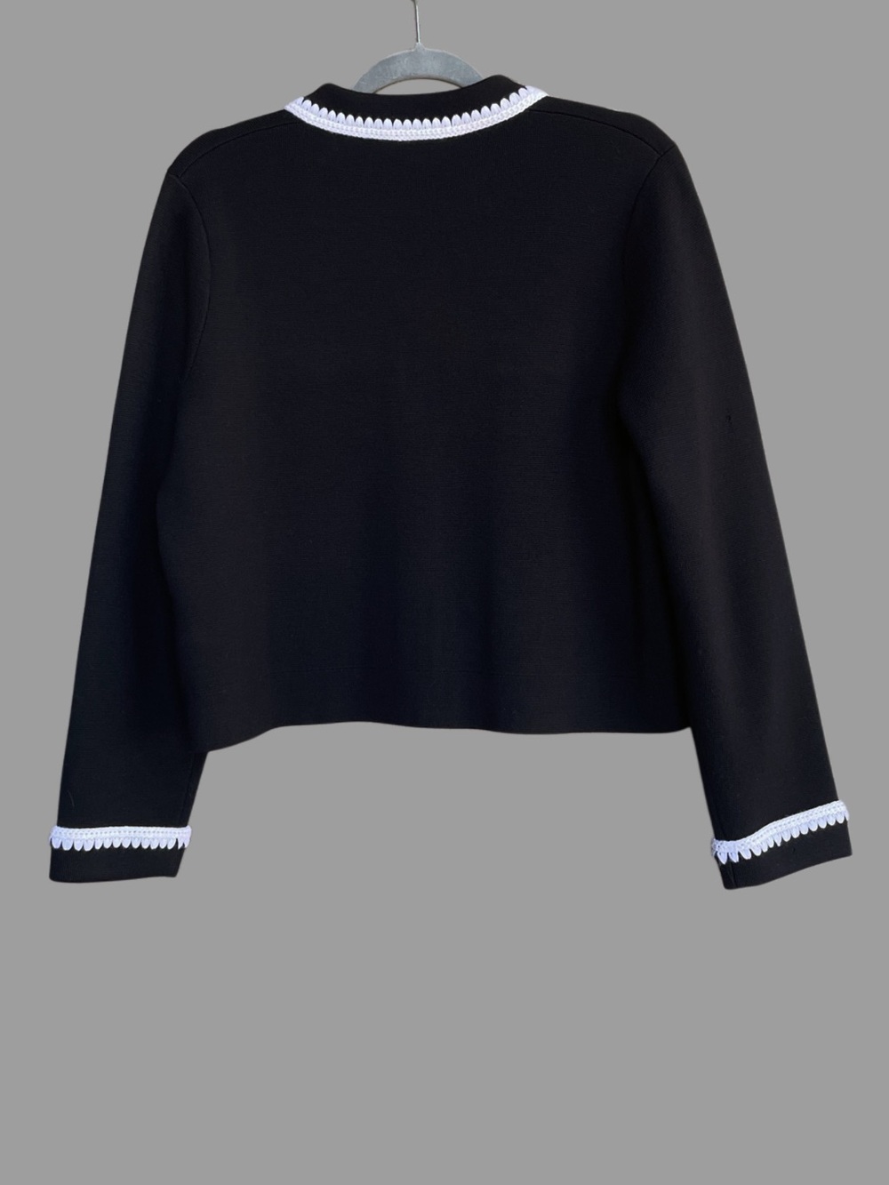 SEZANE Black Merino Wool Knit Collared Betty Cardigan w/ White Crochet Details - Picture 5 of 17